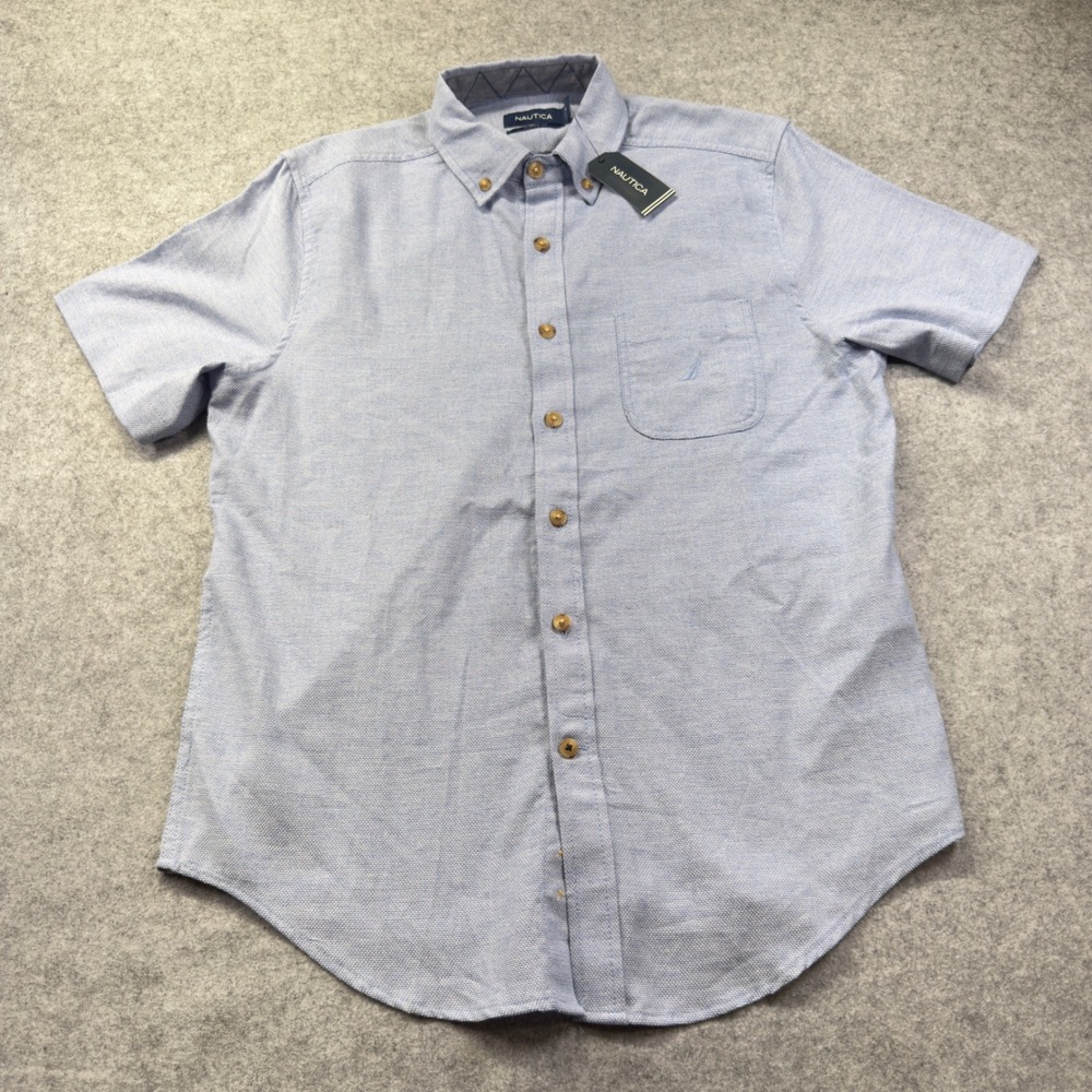 Nautica Button Down Shirt Mens Medium Blue New Short Sleeve Classic‎ Fit Cotton